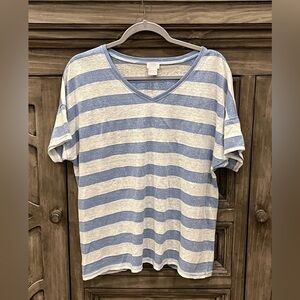 EUC Women’s CHICO’S Blue/White Sparkle Striped Casual Top/Blouse (Large)